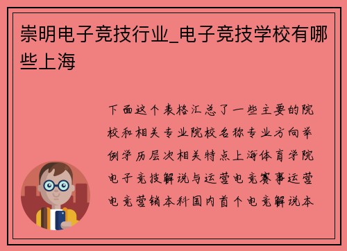 崇明电子竞技行业_电子竞技学校有哪些上海